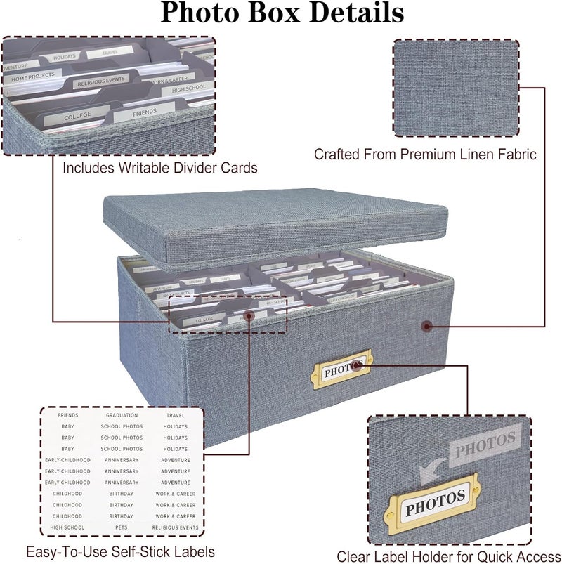 Sprsthai Linen Photo Storage Box – Holds 1700 Photos, 24 Adjustable Dividers & 72 Labels Multi-Use Organizer for Photos, Envelopes, Recipes Beige - Image 4